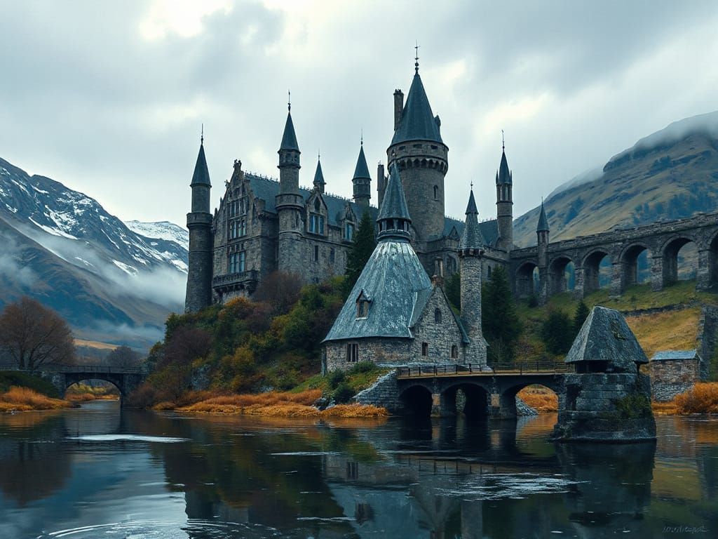 Surreal Hogwarts Castle in Watercolor Pop Art