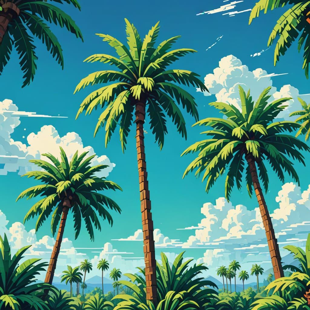 Pixelated Palm Tree in a Bright Sunny Sky