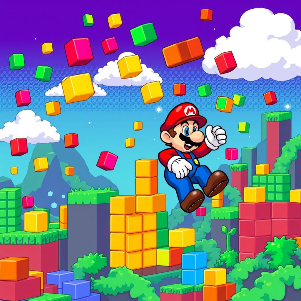 Mario Bros in Vibrant Pixelated Tetris Landscape