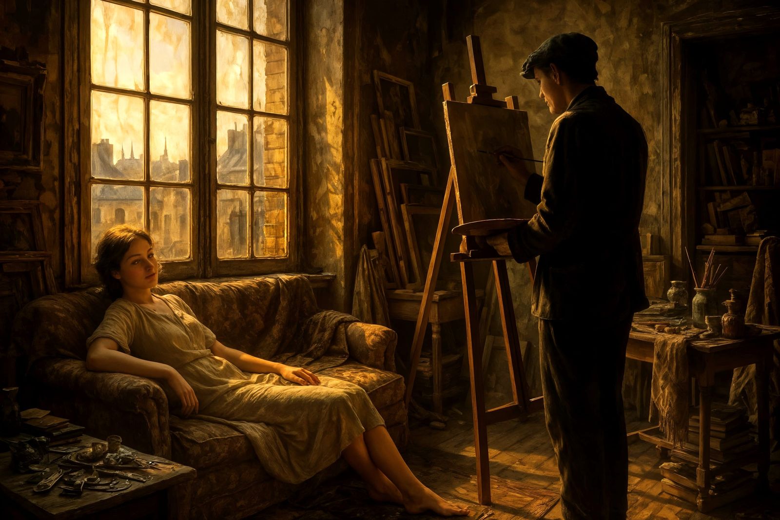 Parisian Garret Scene in Hyperrealistic Digital Art