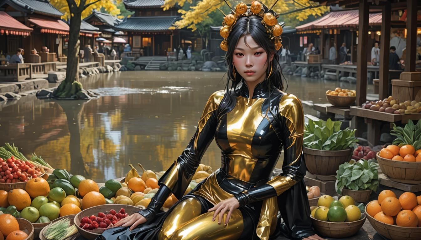 Woman in Gold Latex Suit at Market, Detailed Portrait