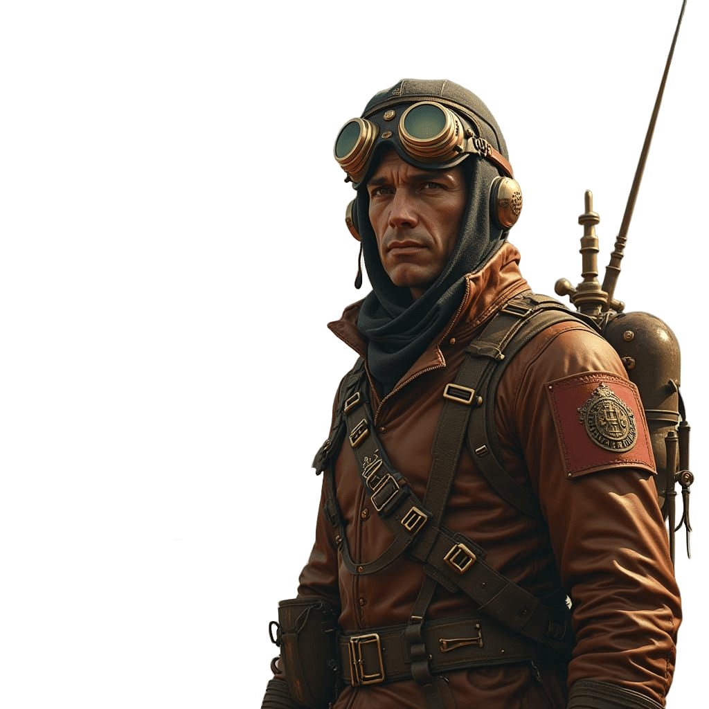 Steampunk WWI Fighter Pilot in Front of Majestic Airship