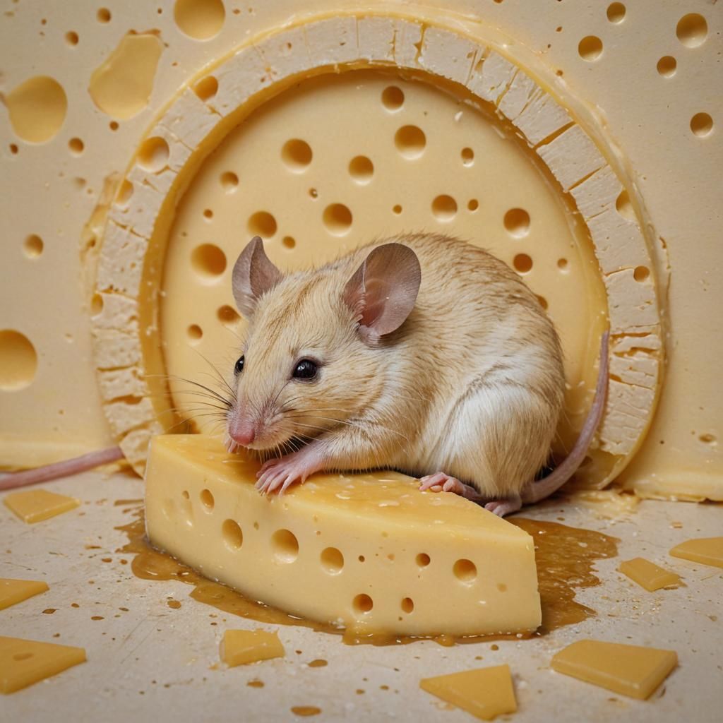 Tired Mouse Asleep in Swiss Cheese Bedroom