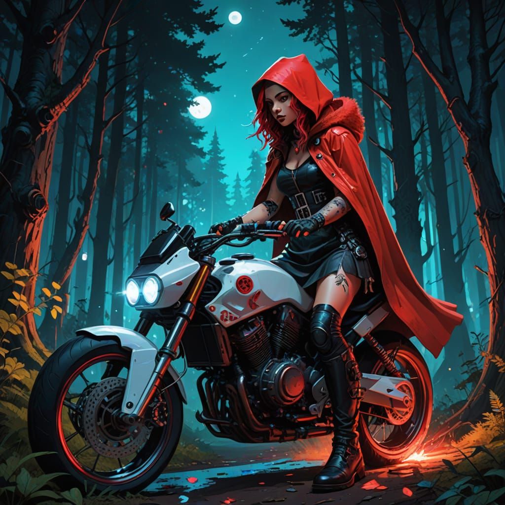 Cyberpunk Red Riding Hood on Sport Bike