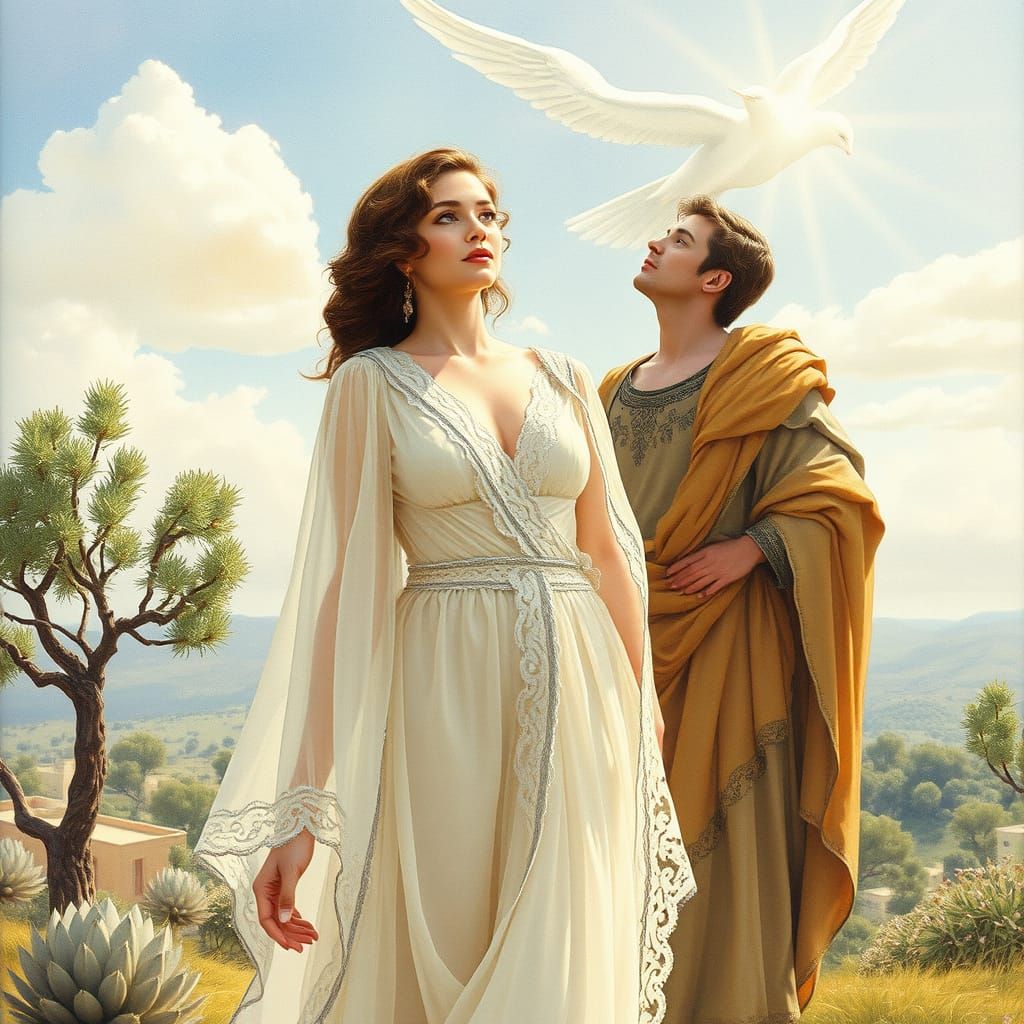 Surreal Greek Scene with Angel in Pastel Watercolors