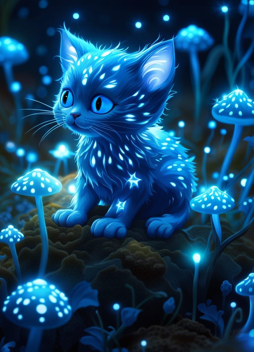 Fluffy Symbiote Kitten Constellation on Glowing Mushrooms