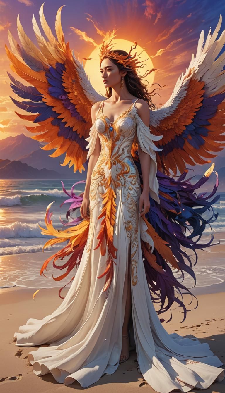 Woman and Phoenix on Beach: Fantasy Matte Painting