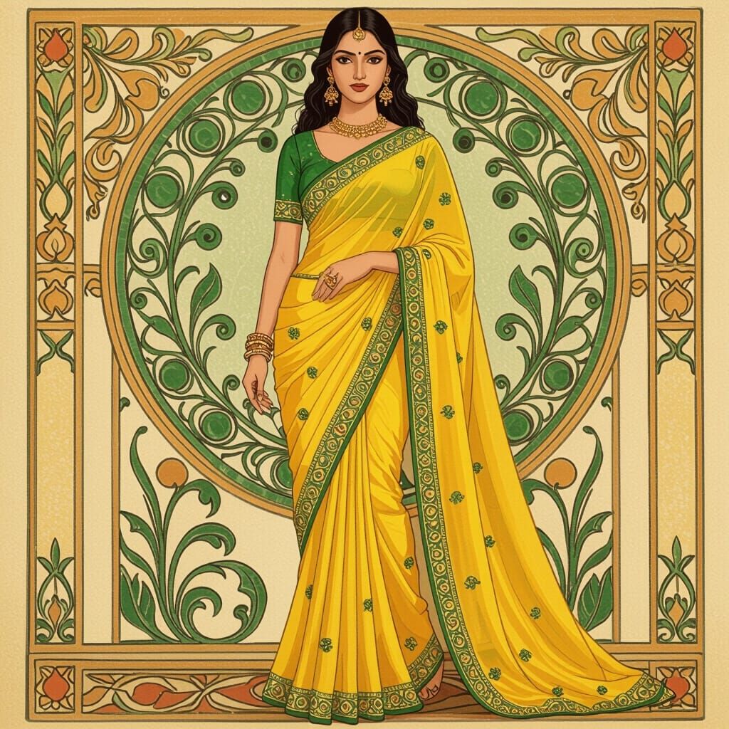 Woman in Yellow Saree, Art Nouveau Style
