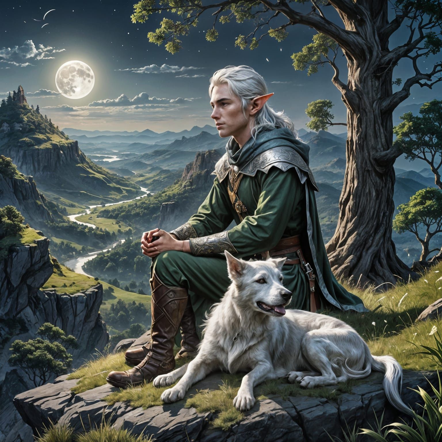 Elf Hunter with Dog Under Moonlight: Splash Art