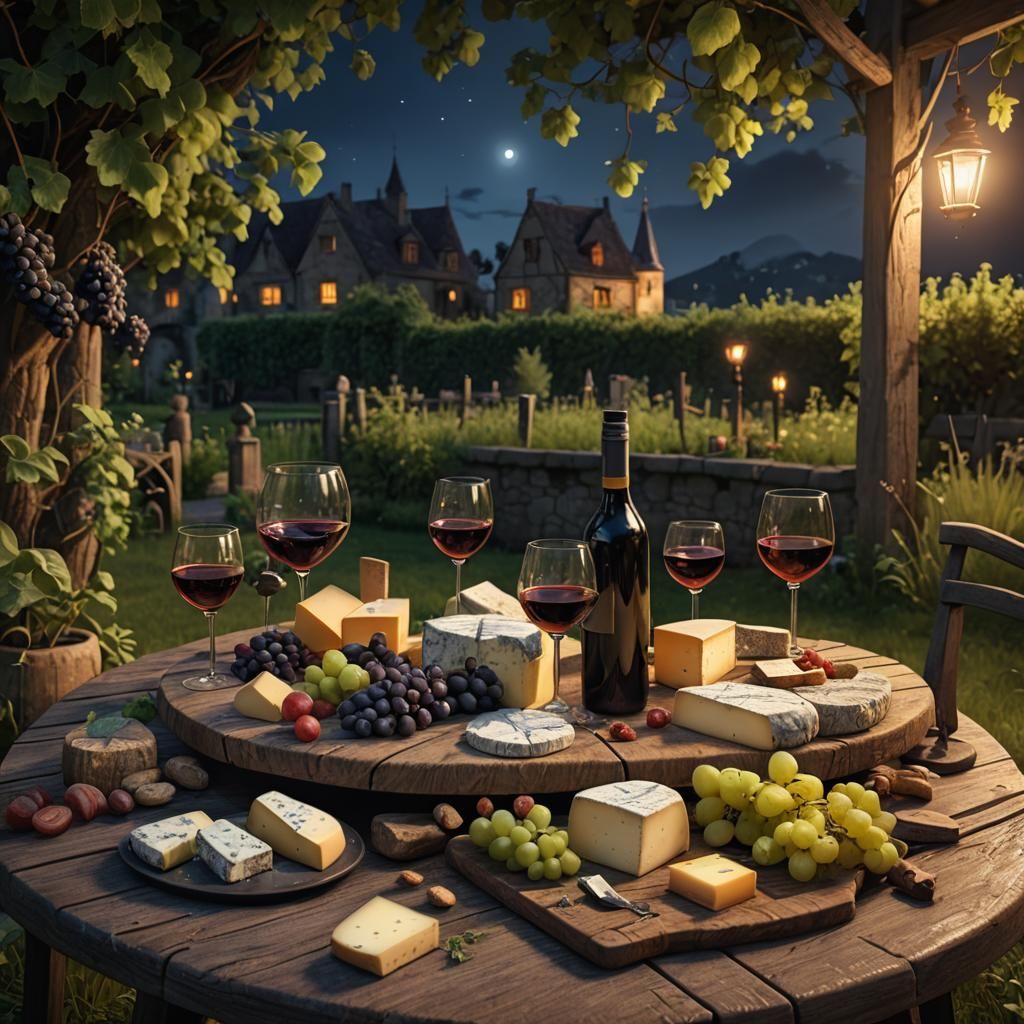 French Cheese and Wine on Table at Night