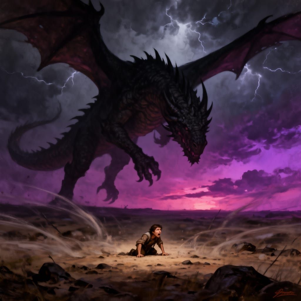 Dragon Shadow Over Terrified Human in Dark Fantasy Style