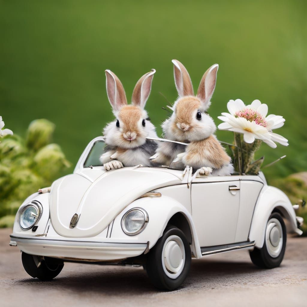 Baby Bunnies Drive a Flower Car