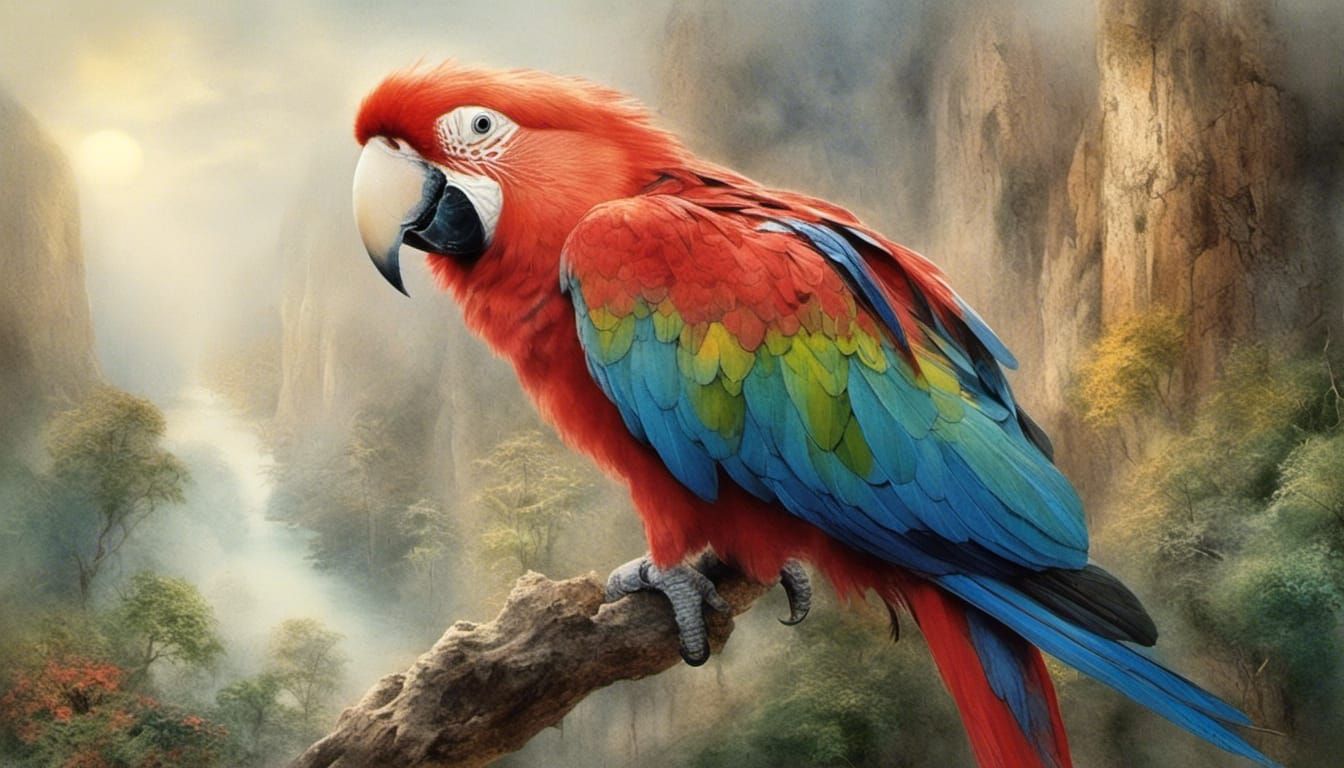 Parrot Portrait in Watercolor Pencil Sketch Style