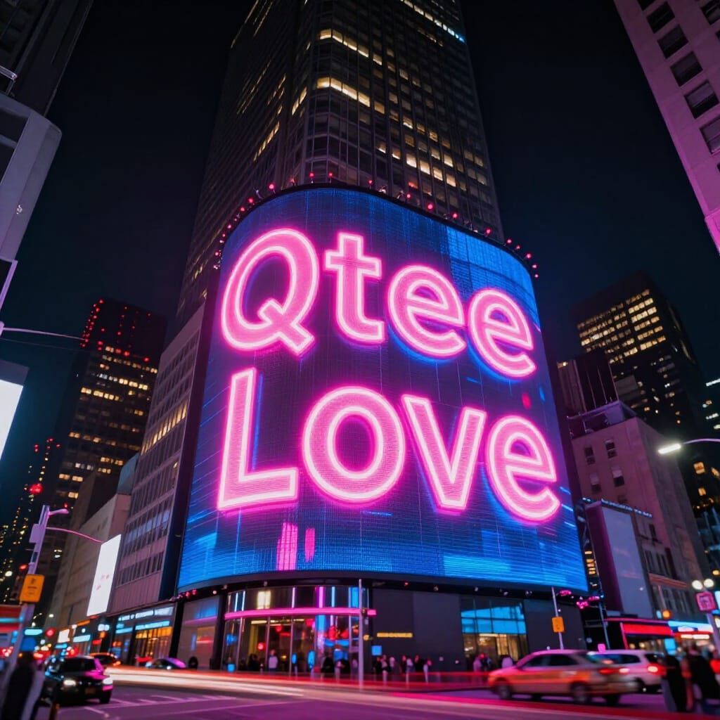 Vibrant Qtee Love Billboard on NYC Skyscraper at Night