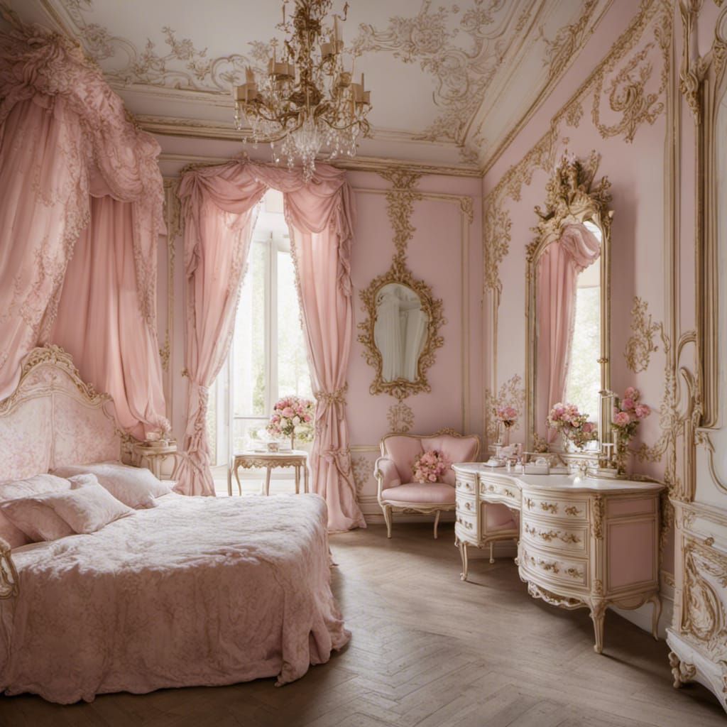 Rococo Royal Bedroom in Soft Pink and White