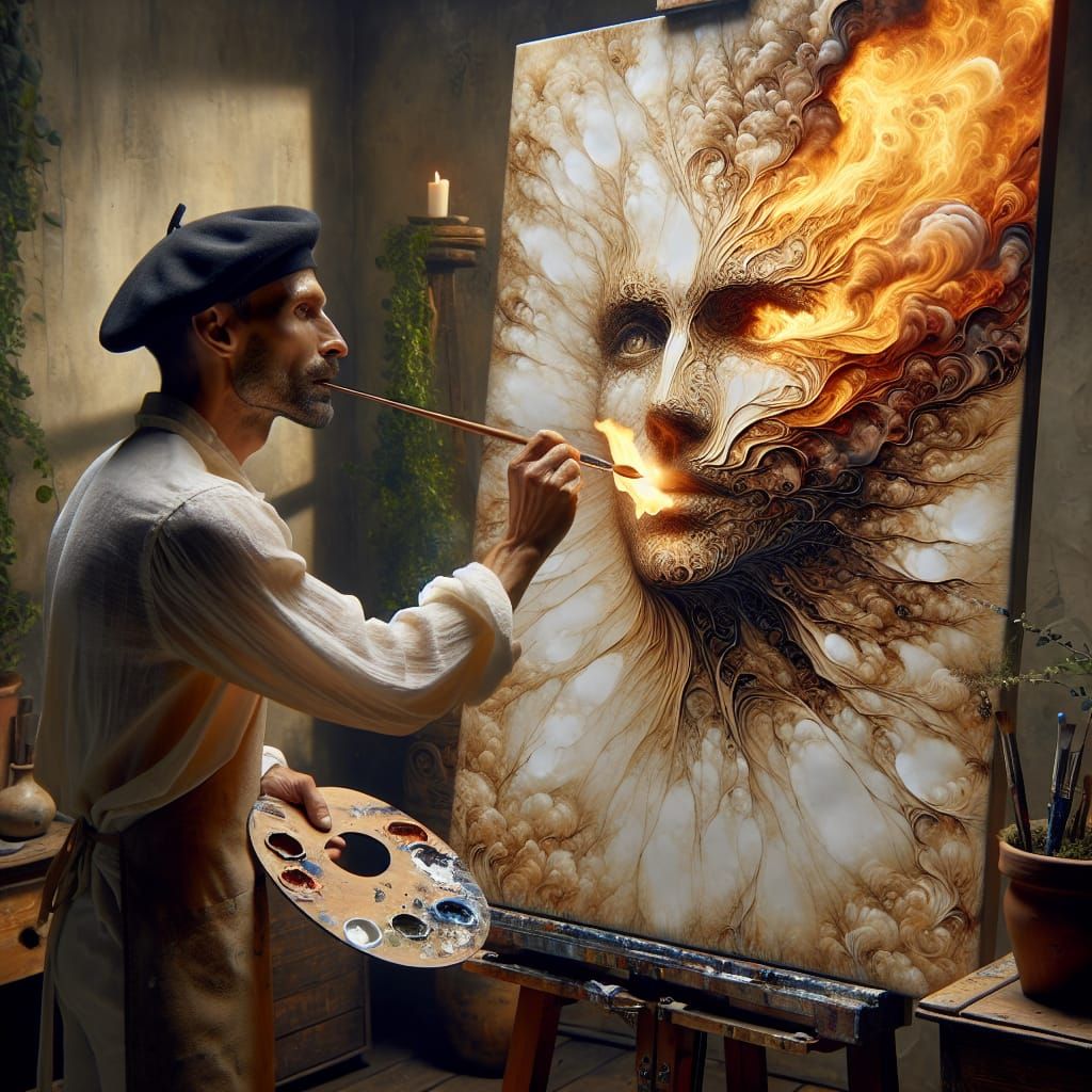 Artist Paints with Fire in Neo-Expressionist Style