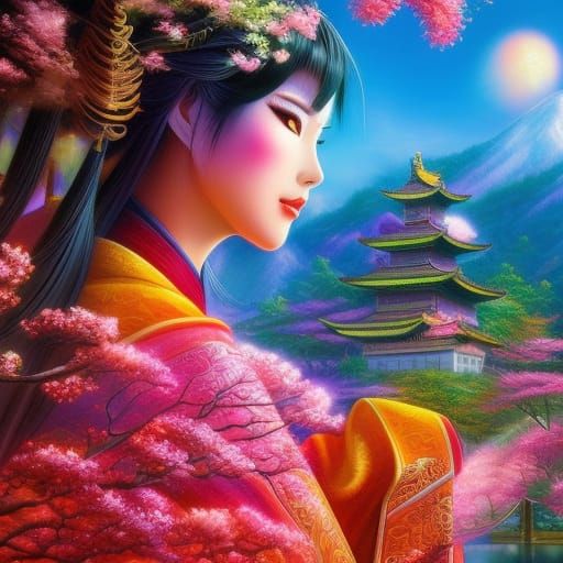 Samurai in Cherry Blossom Garden: Photorealistic Render