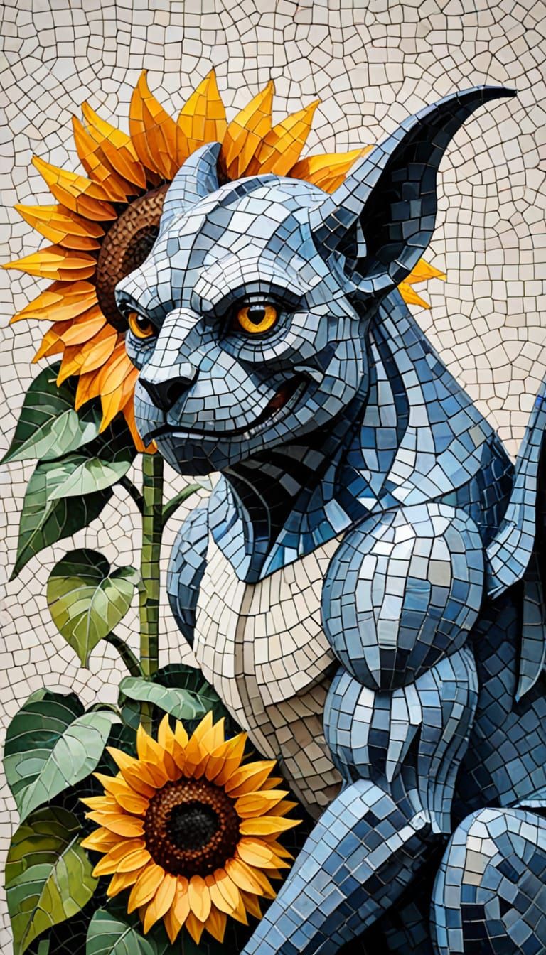 Gargoyle Grimalkin Mosaic Art Portrait with Sunflower