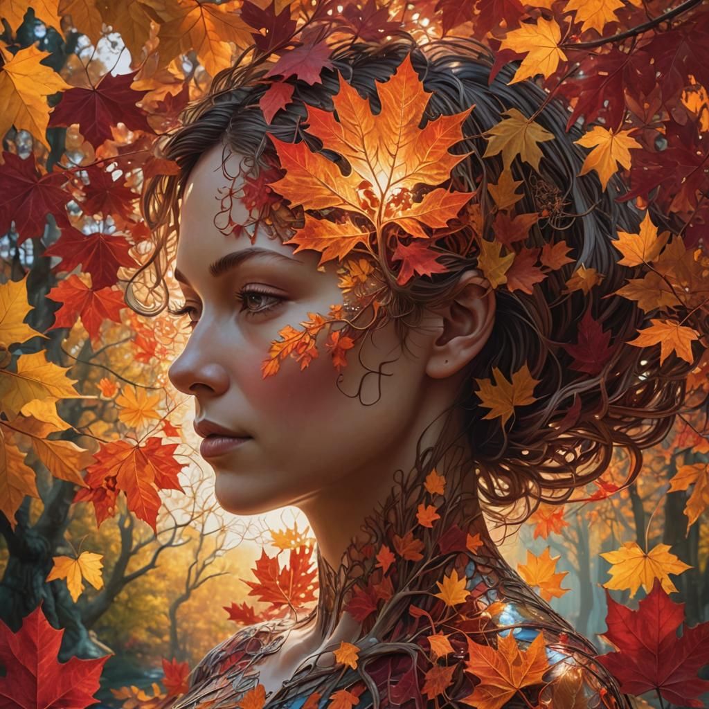 Autumn Mother Nature in Double Exposure, 3D Fractal Art
