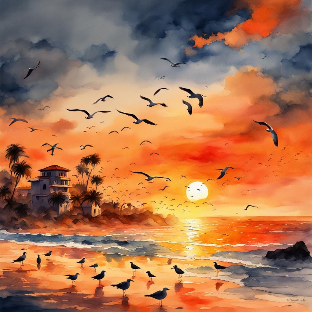 Seagulls at Sunset: Watercolor Beach Scene