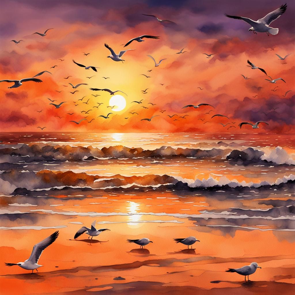 Seagulls at Sunset: A Watercolor Beach Scene