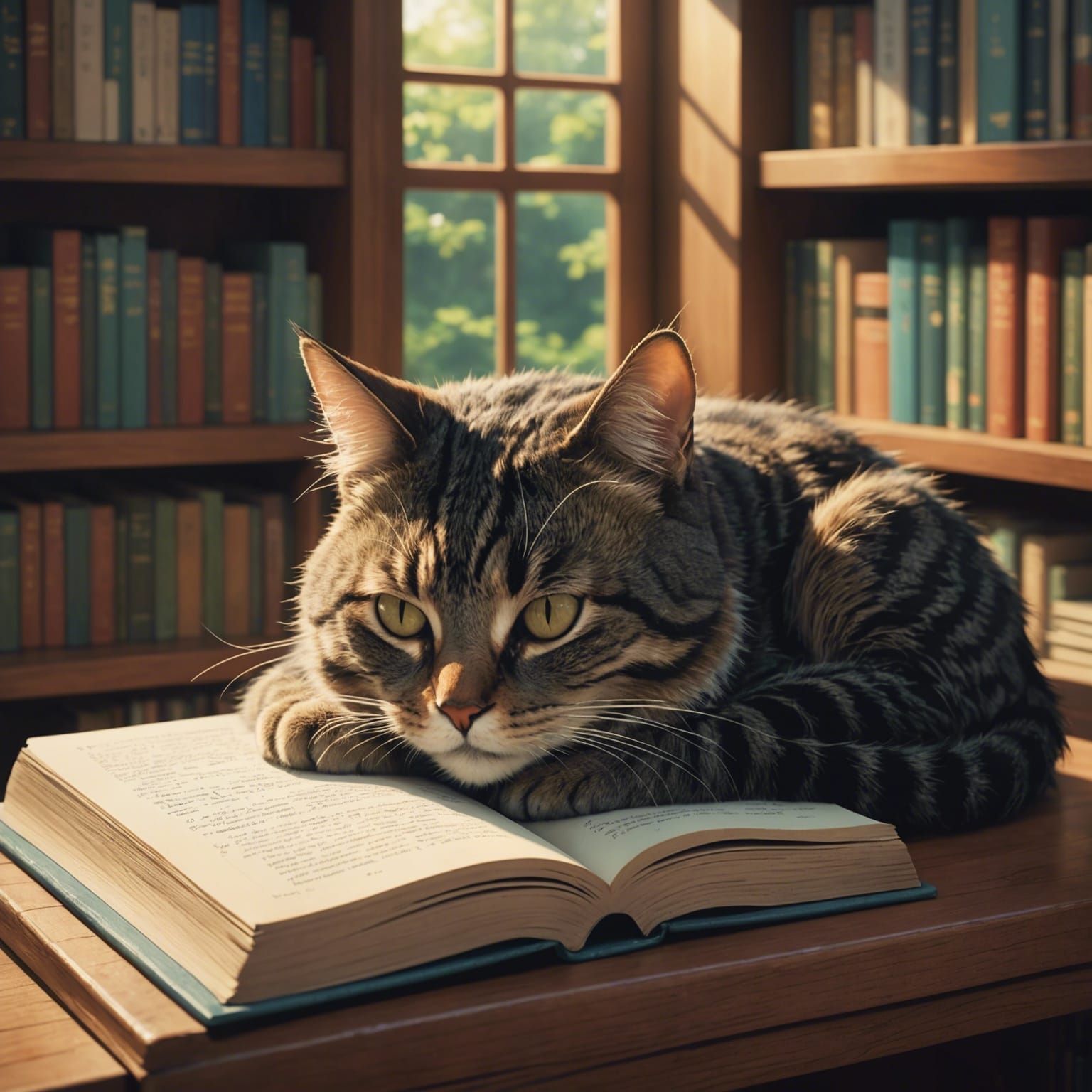 Cat Nap on Bookshelf: Studio Ghibli Anime Style