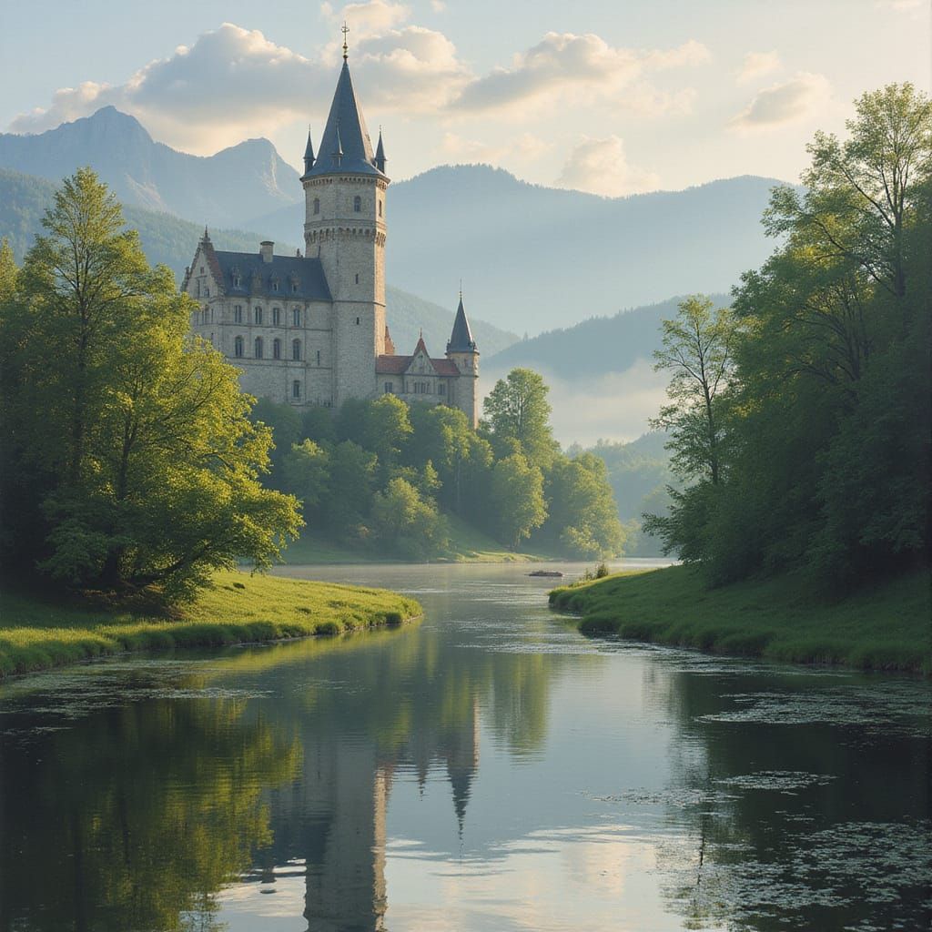 Polish Castle in Misty Landscape, Impressionist Style