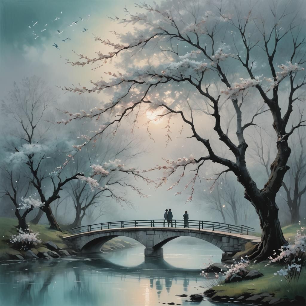 Serene Bridge Scene Under Cherry Blossom Tree