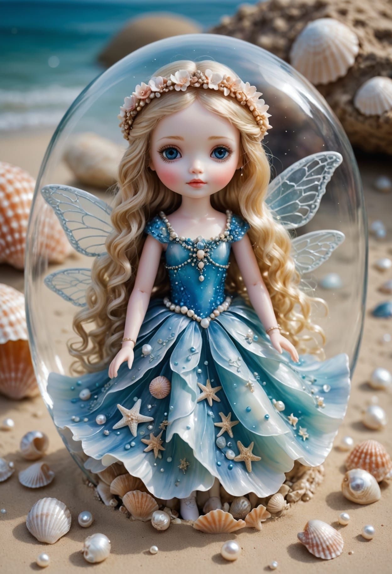 Porcelain Fairy in Seashell, Whimsical Watercolor Illustrati...