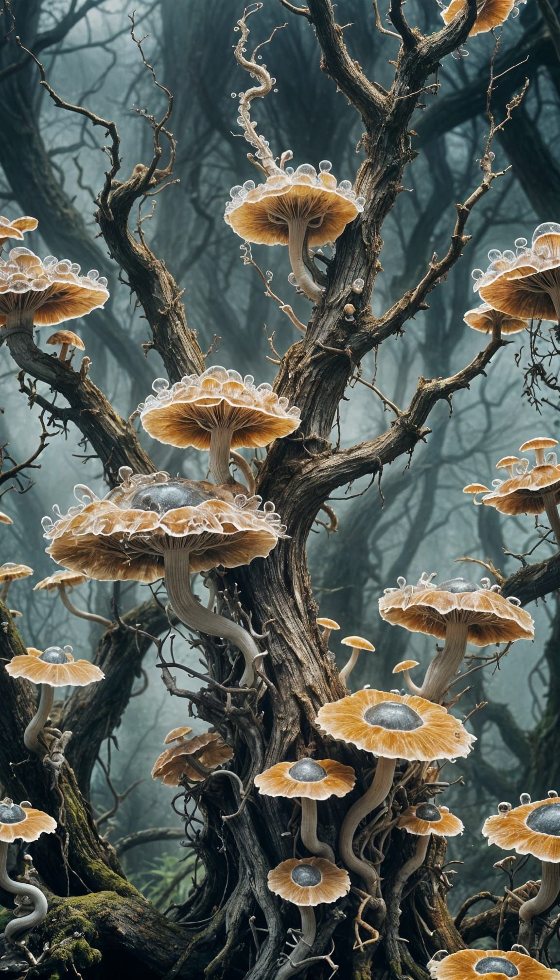 Glowing Bioluminescent Fungus on Tree Bark