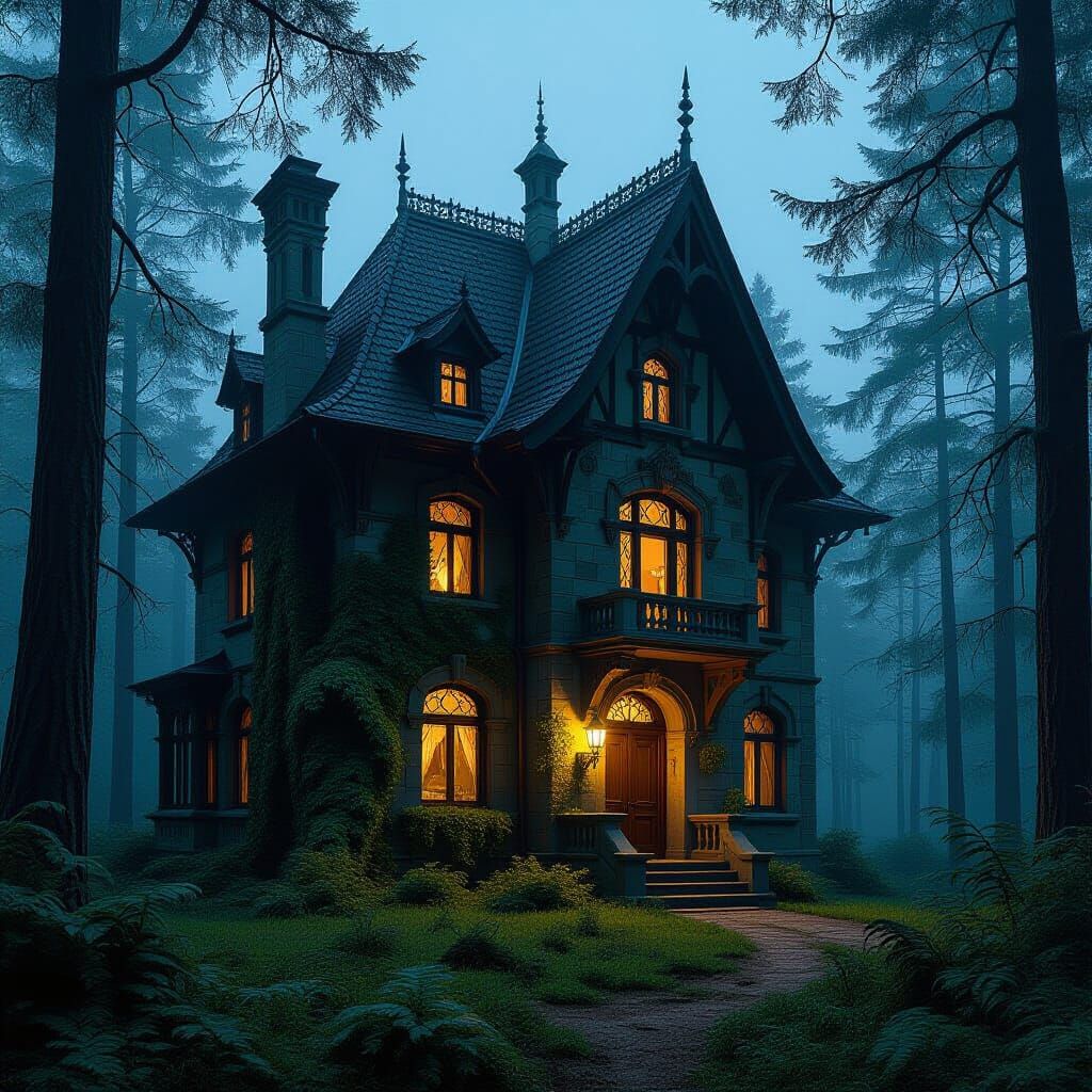 Gothic Art Nouveau House in Overgrown Forest Twilight