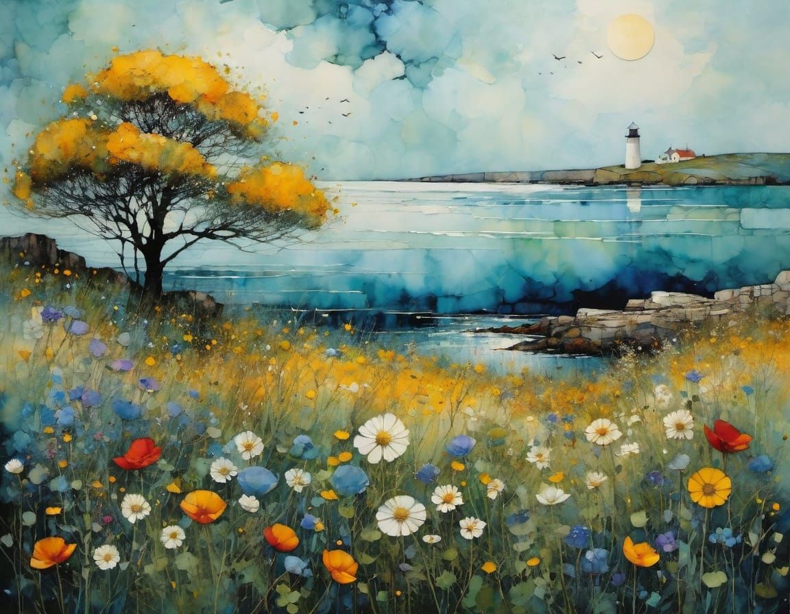 Intricately Detailed Wildflower Masterpiece by the Sea