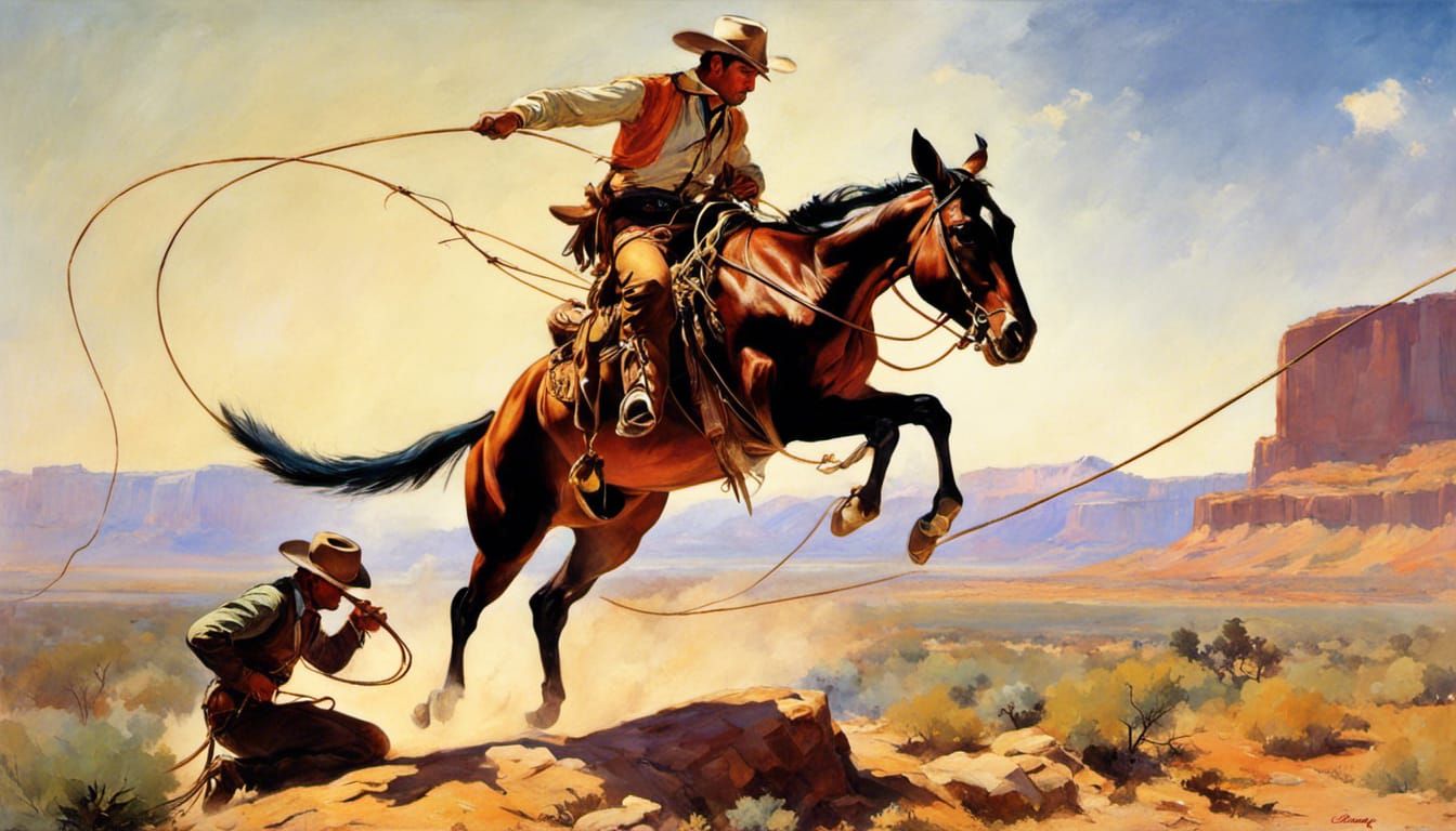 Cowboy Roping a Giant Ant in Western Art Style