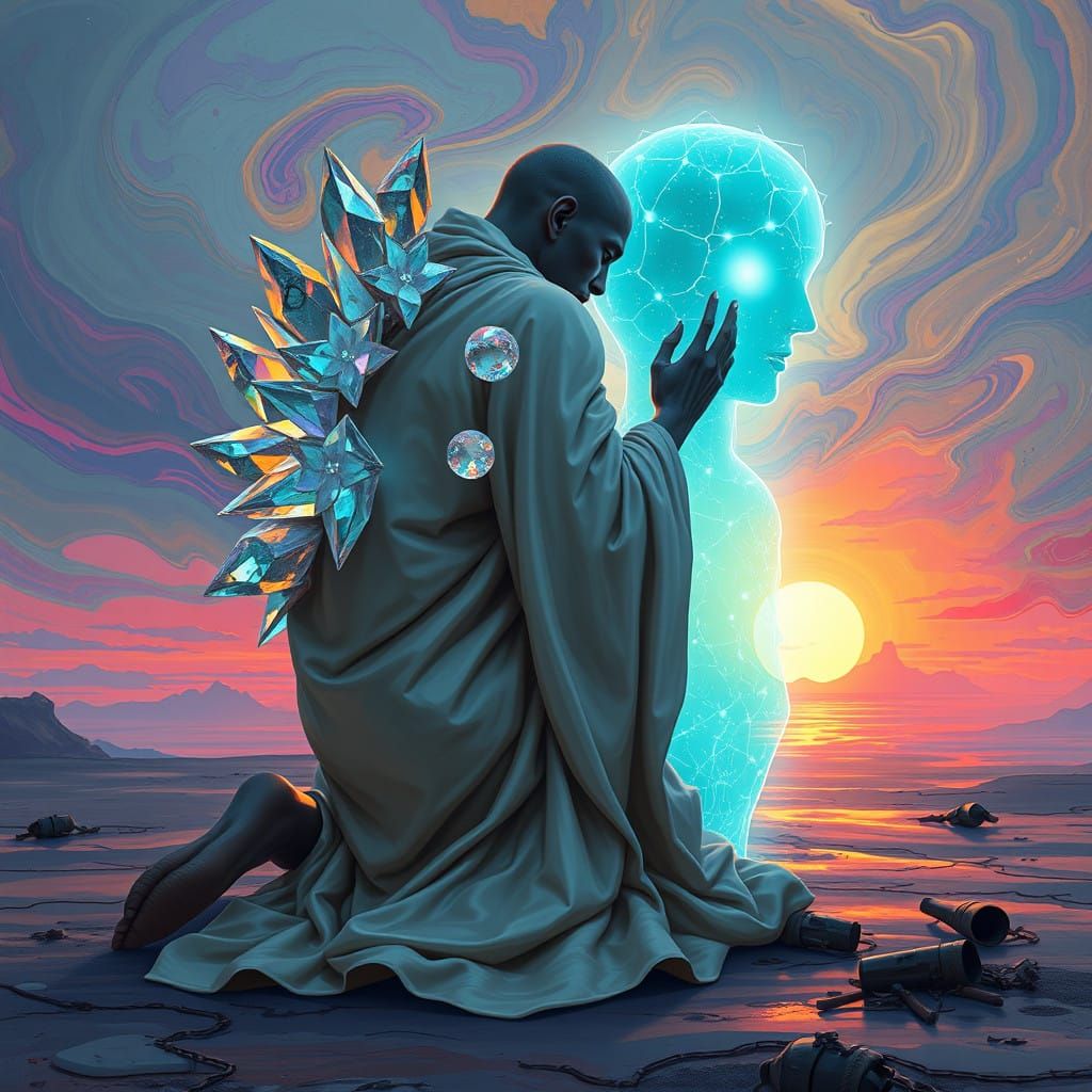 Surreal Figure with Iridescent Protrusions in Futuristic Dre...