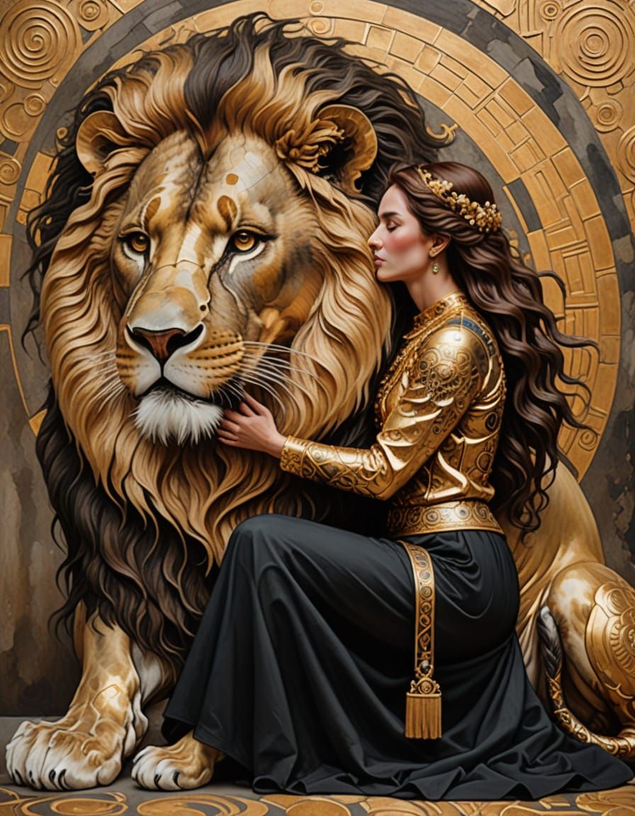 Mythological Woman and Lion in Symbolic Art Style