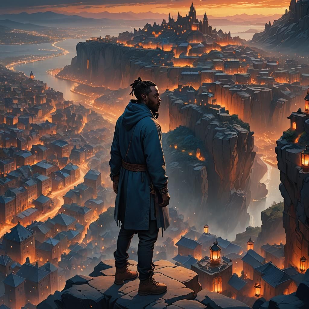 Fantasy City Overlook with Figure in Thorp Style