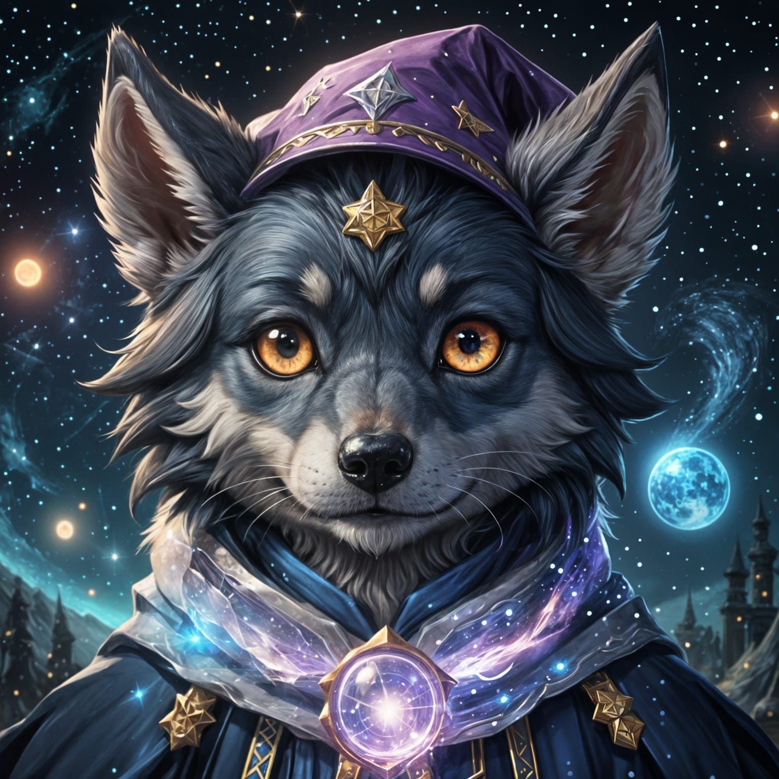 Chibi Wizard Wolf Portrait in Digital Illustration