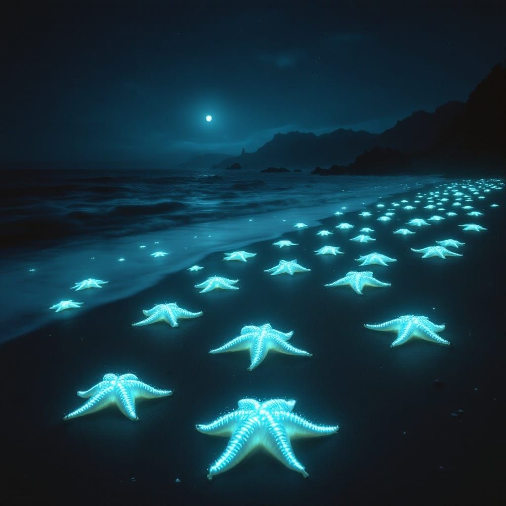 Bioluminescent Starfish on Misty Beach, Rothko-esque