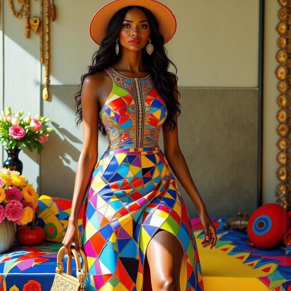 Geometric Fashion: Woman in Print Dress and Hat