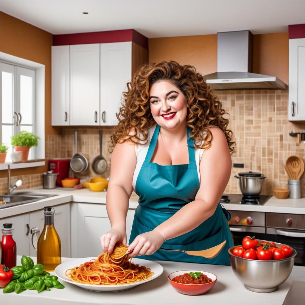 Curvy Woman Making Spaghetti in Elaborate Kitchen