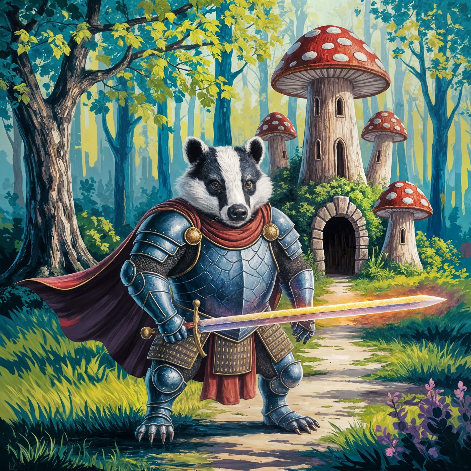 Badger Knight Guards Mushroom Castle in Neo-Impressionist St...