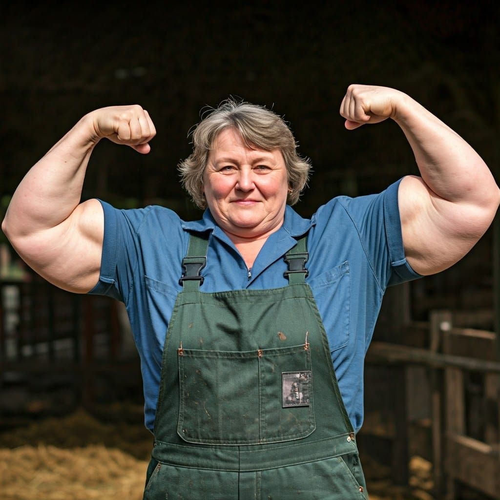 Strong Elderly Farmer Flexing Biceps in Farm Yard