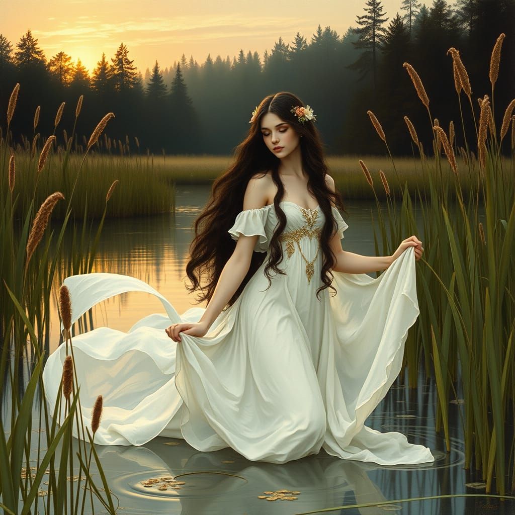 Waterhouse-Inspired Nymph in a Serene Pond Landscape