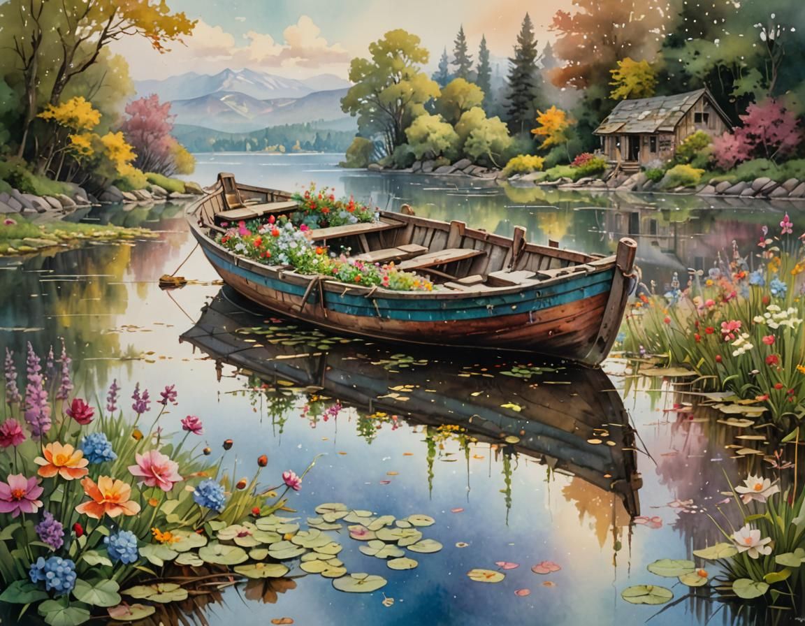 Floral Boat on Lake: Watercolor Painting