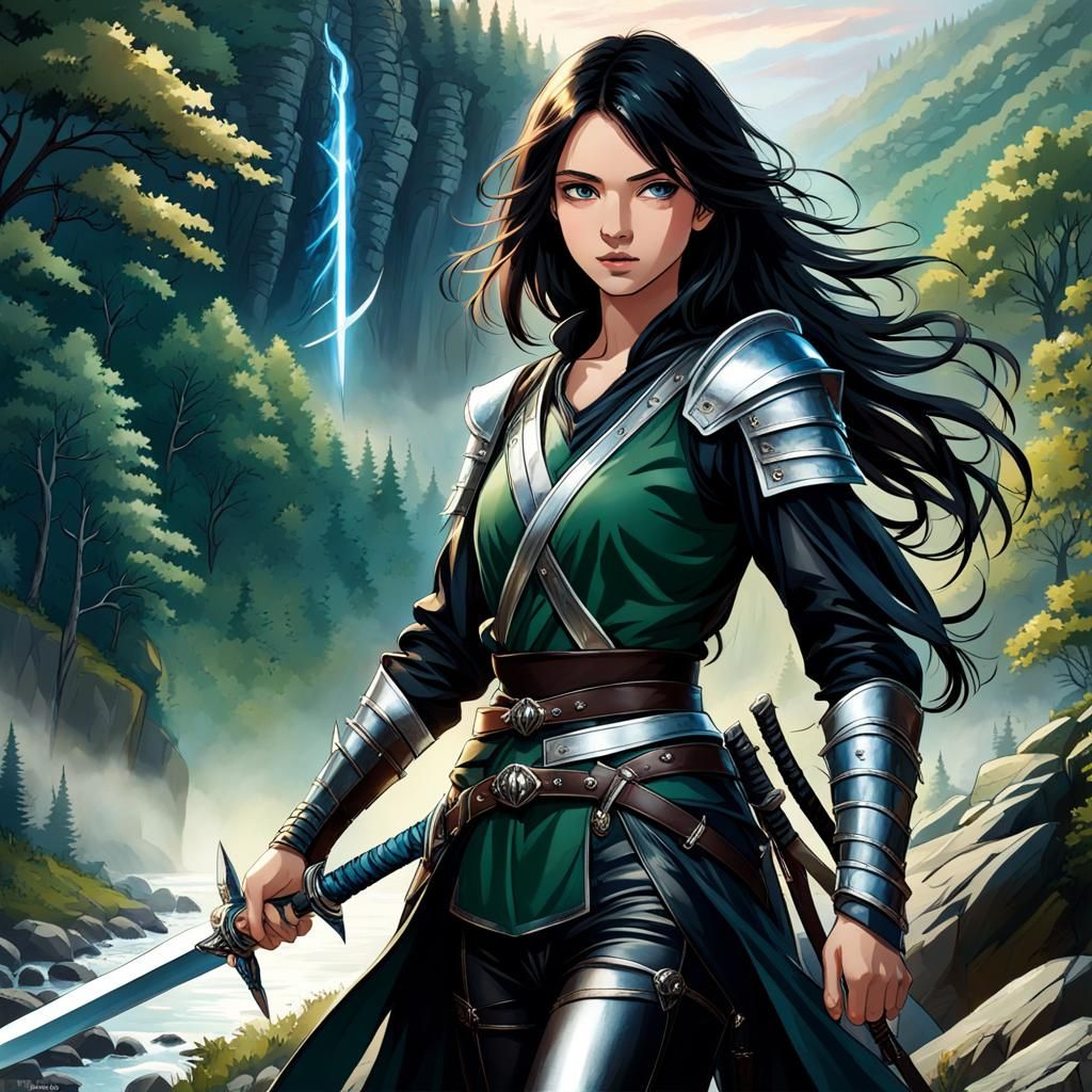 Fantasy Teenage Warrior on Cliff at Sunrise