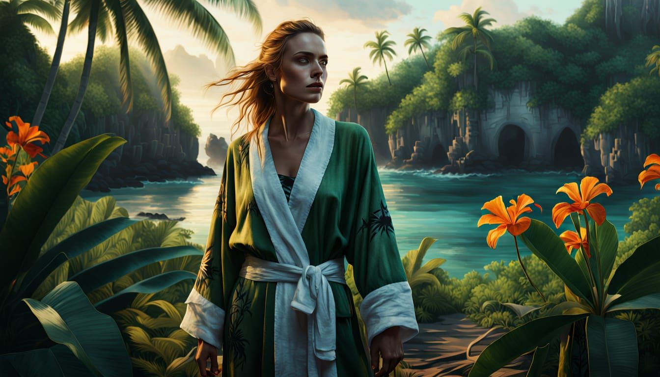 Pirate and Ghost on Tropical Island in Oil Painting Style