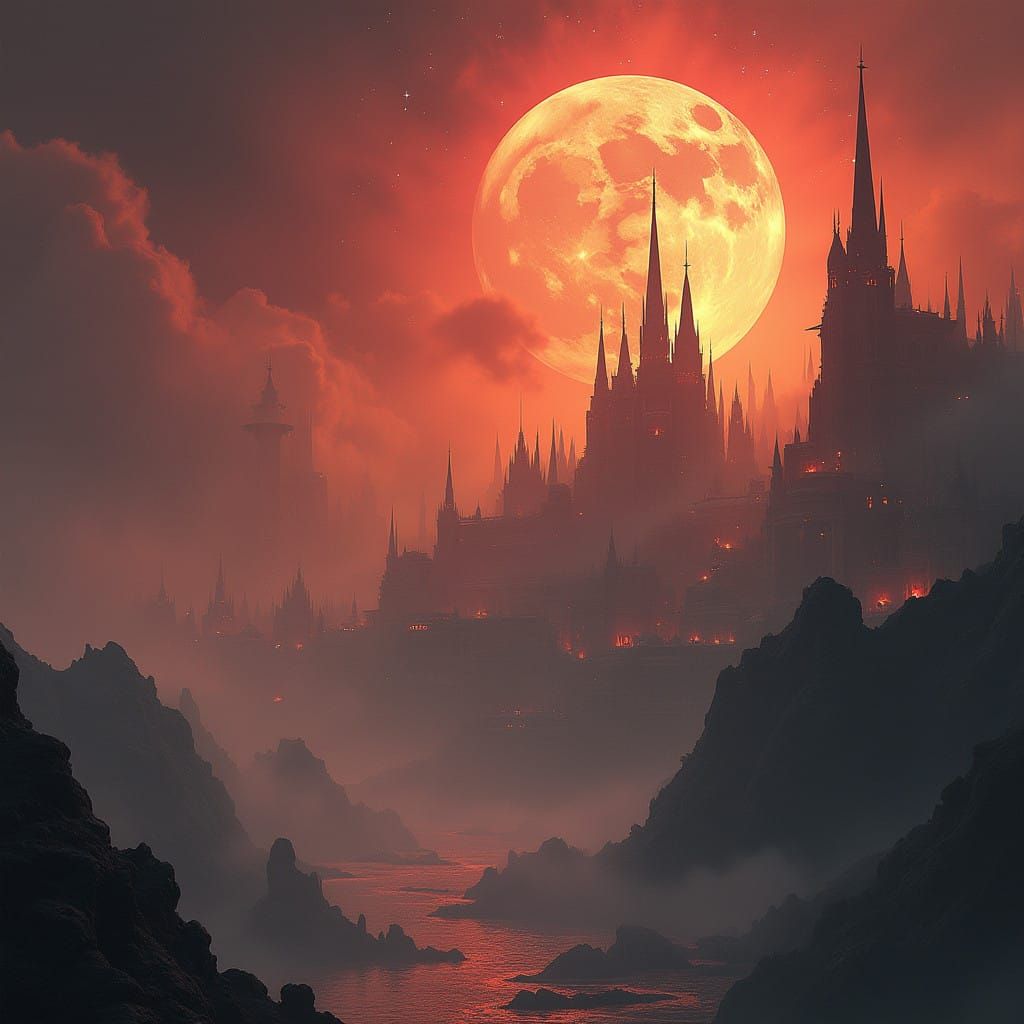 Epic Cinematic Realm: Mystical Cityscape in Fiery, Blood-Ora...