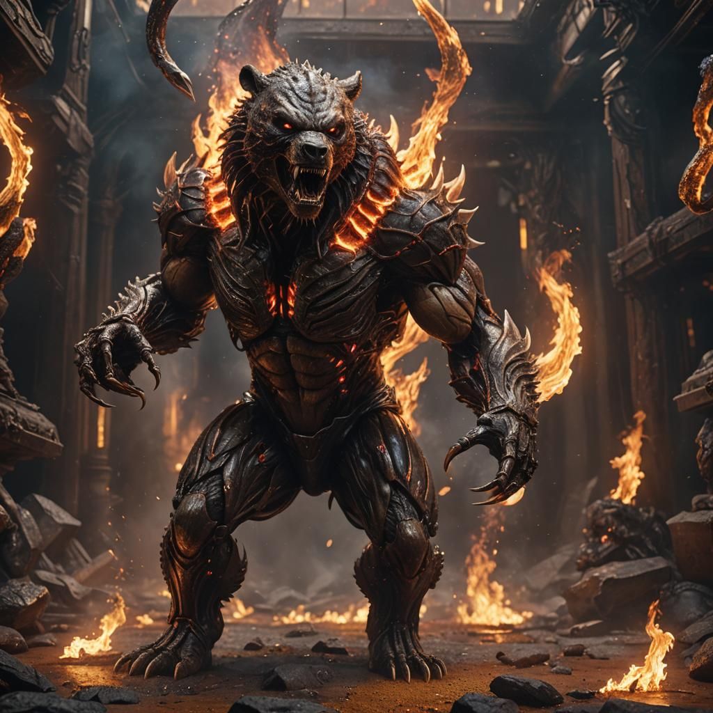 Fiery Xenomorph Bear: Photorealistic CGI Masterpiece