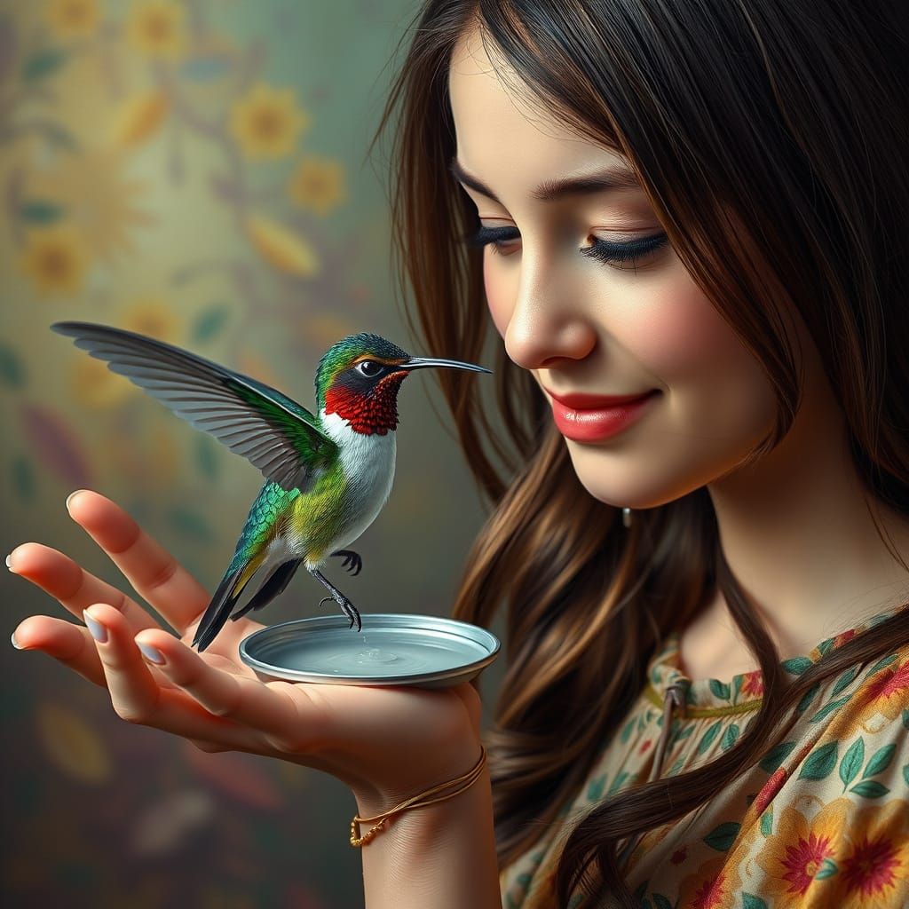 Hummingbird Feeds from Woman's Hand: Hyperrealistic Image