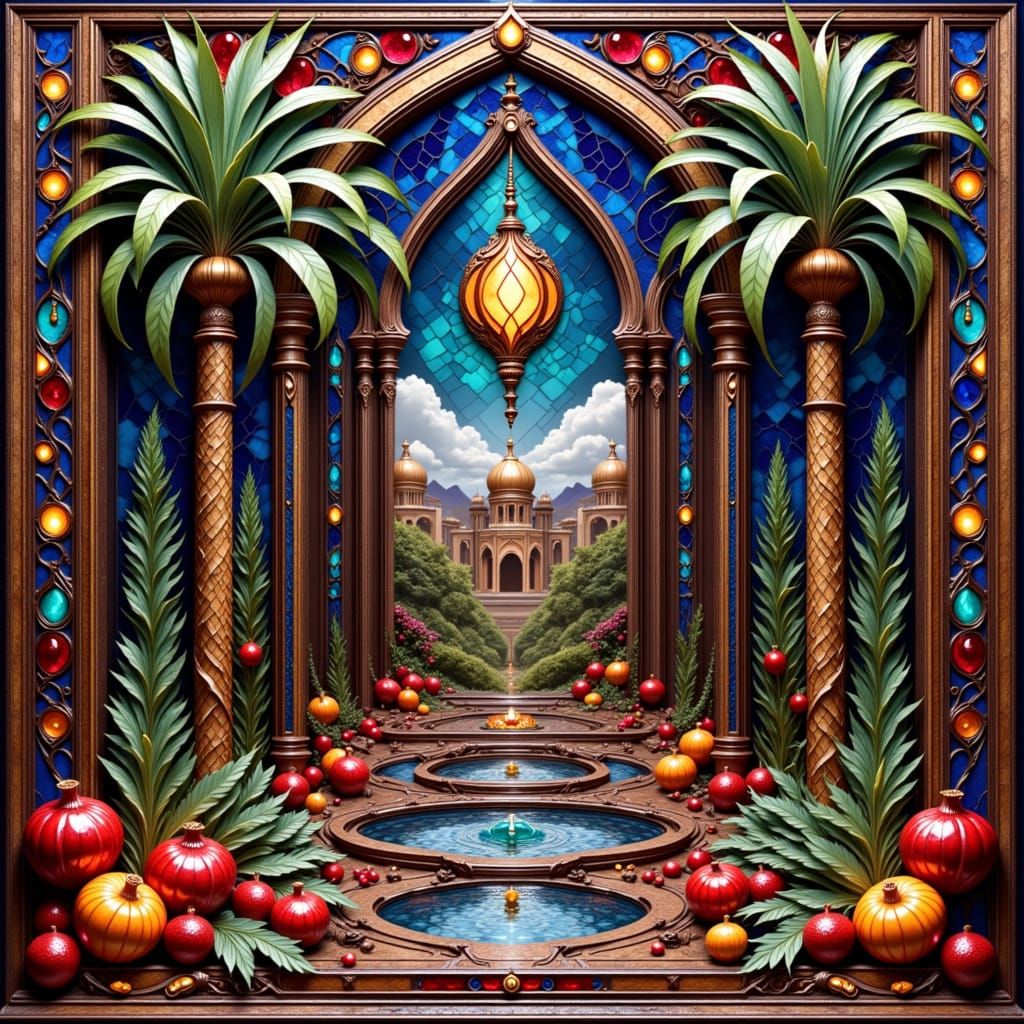 Persian Ottoman Art: Date Palms & Pomegranates in Gold